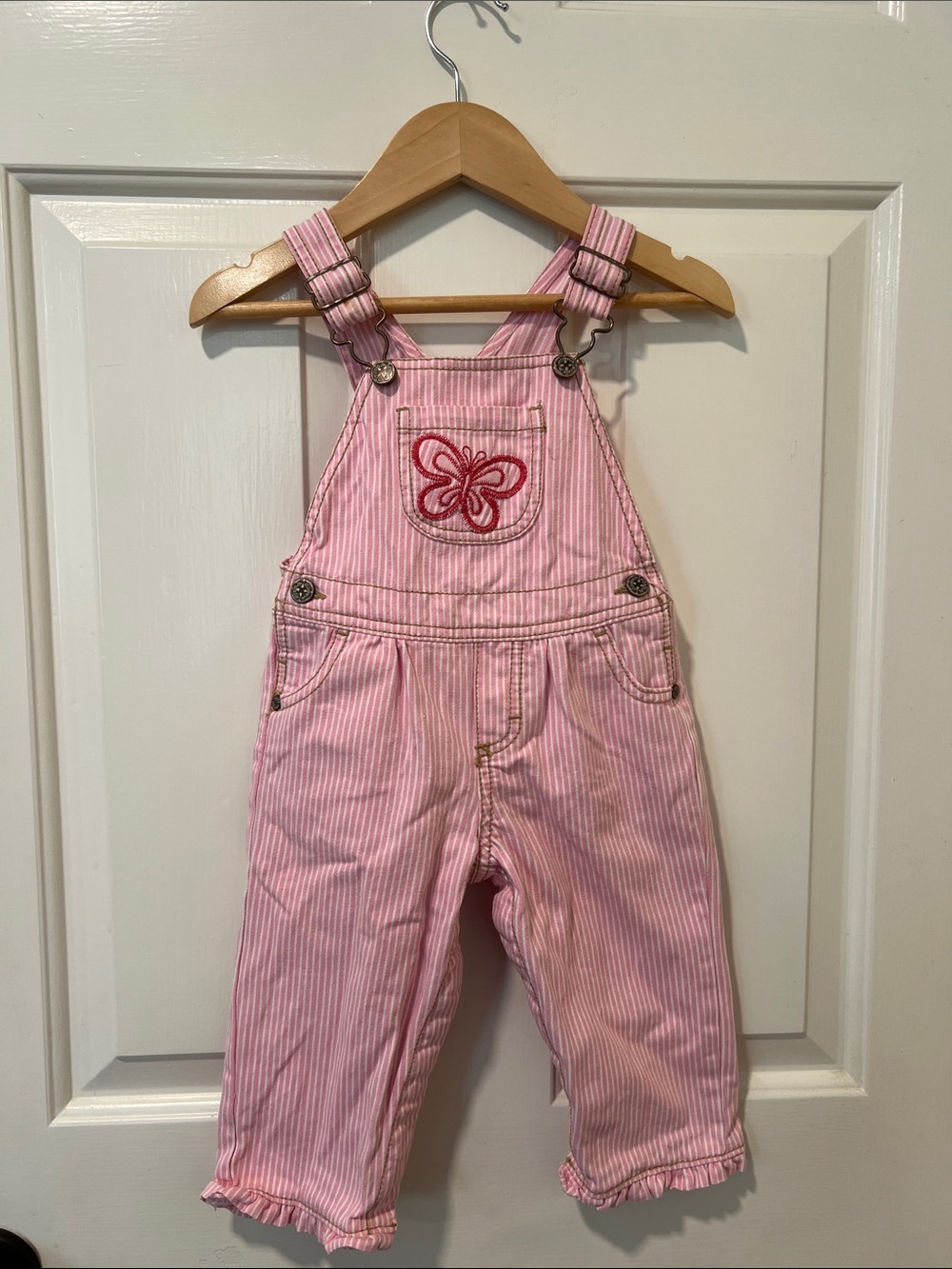 Vintage OshKosh B'gosh Pink Striped Butterfly Embroidered Overalls